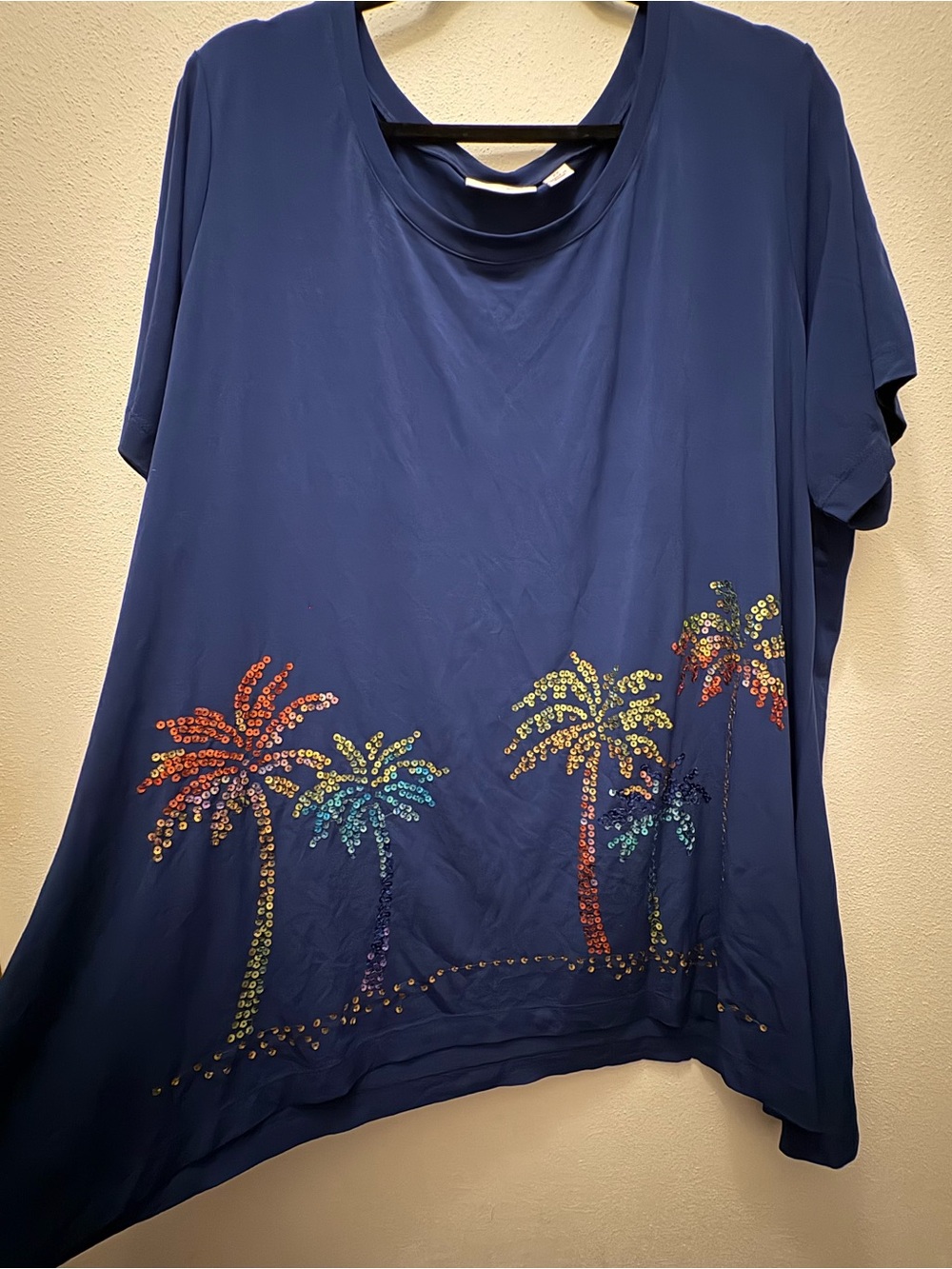 Navy Short Sleeve Sequin Palm Tree Top
